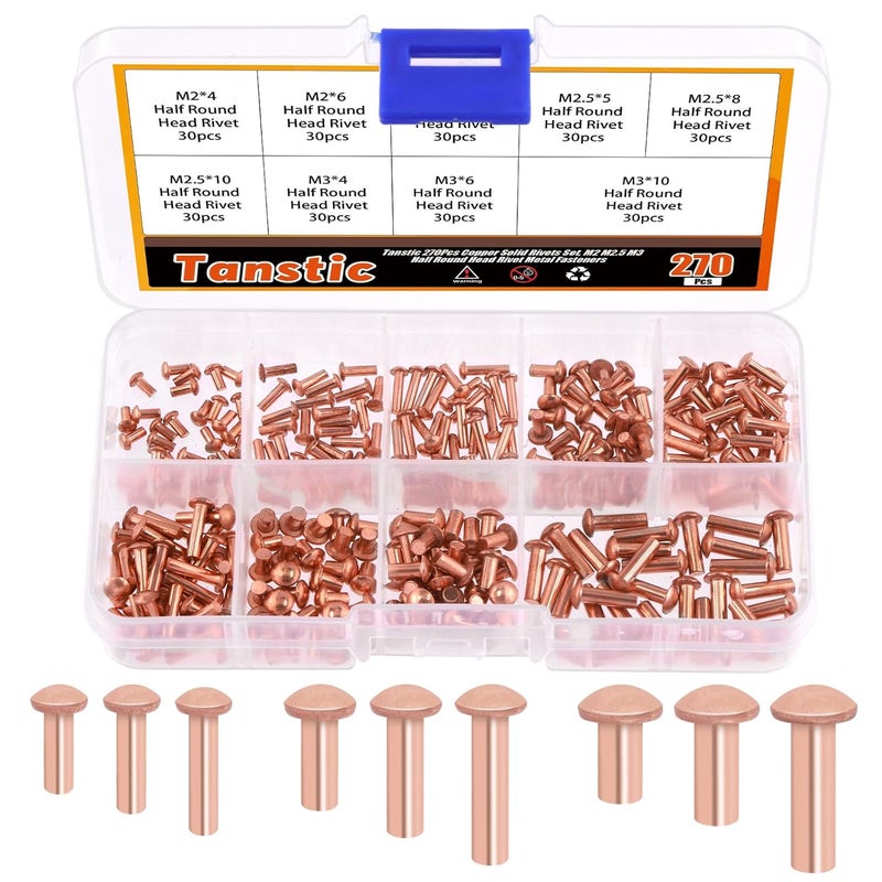 Tanstic 270Pcs Round Head Copper Solid Rivets, M2x4/6/8, M2.5x5/8/10, M3x4/6/10 Solid Copper Rivets Fasteners for Electrical Applications Copper Finish Copper Tone - Image 1